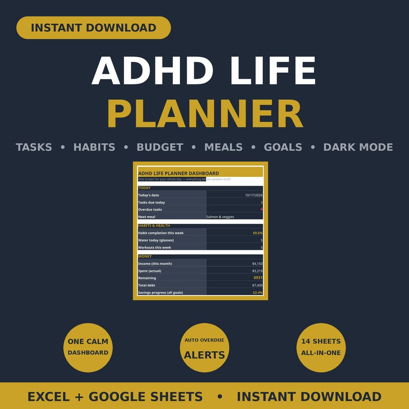 ADHD Life Planner — Dark Mode — spreadsheet planner cover