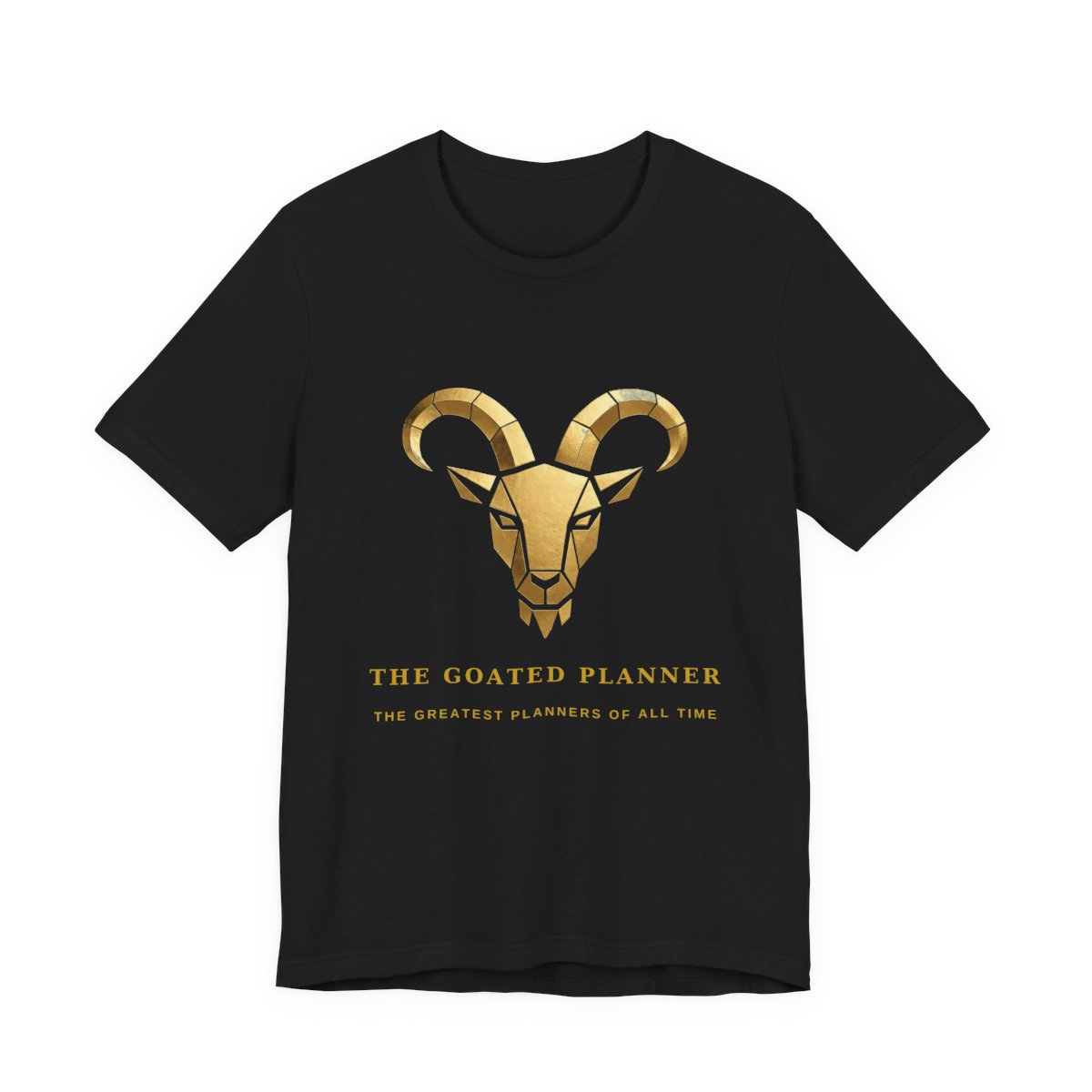 The Goated Planner tee — gold goat chest print on black