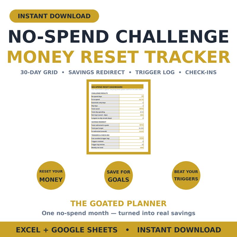 No-Spend Challenge & Money Reset Tracker — spreadsheet planner cover