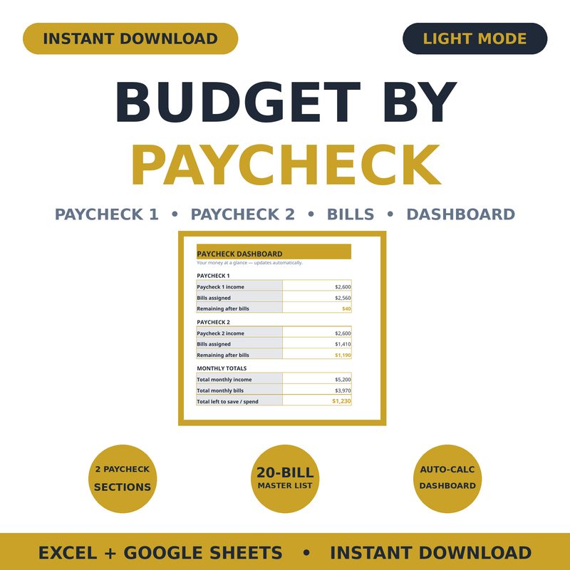 Budget by Paycheck — Light Mode — spreadsheet planner cover