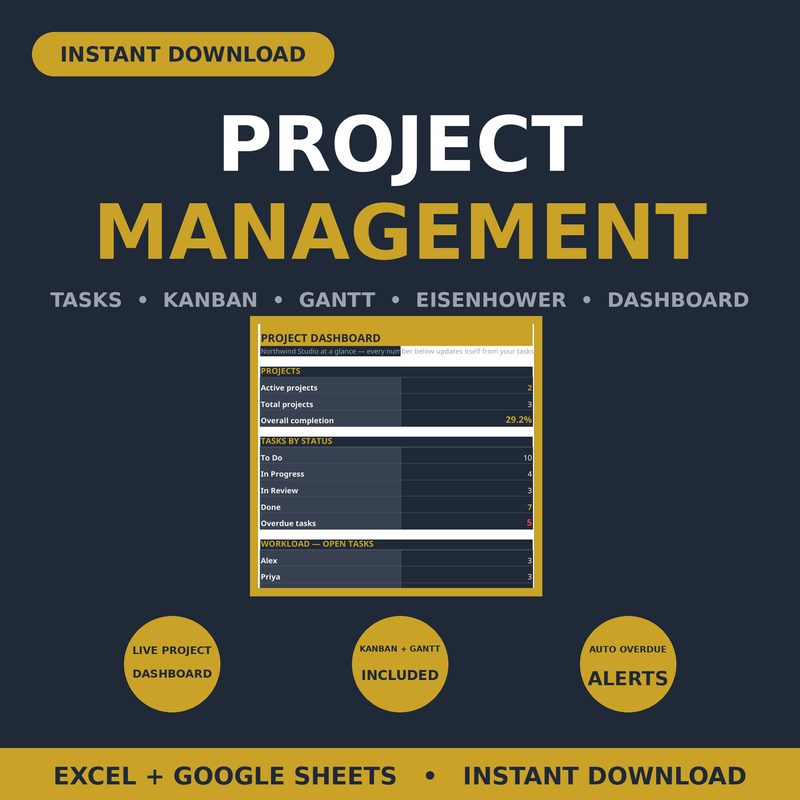 Project Management — Dark Mode — spreadsheet planner cover