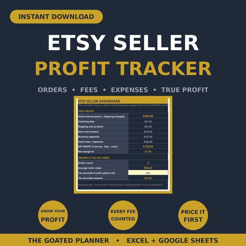 Etsy Seller Profit Tracker & Bookkeeping Hub — spreadsheet planner cover